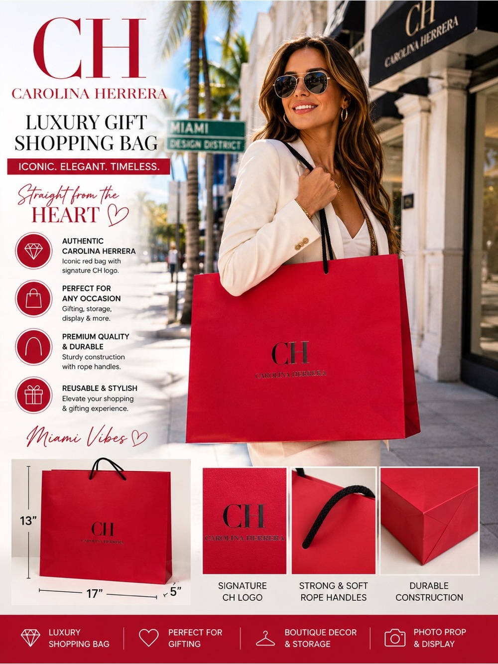 Carolina Herrera CH Empty Gift Shopping Bag Tote Red Black Logo Large